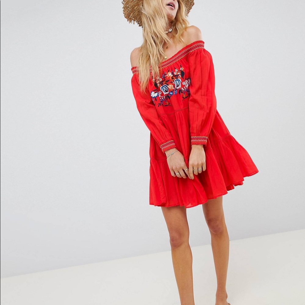 Free People Red Off-Shoulder Embroidered Mini Dress
